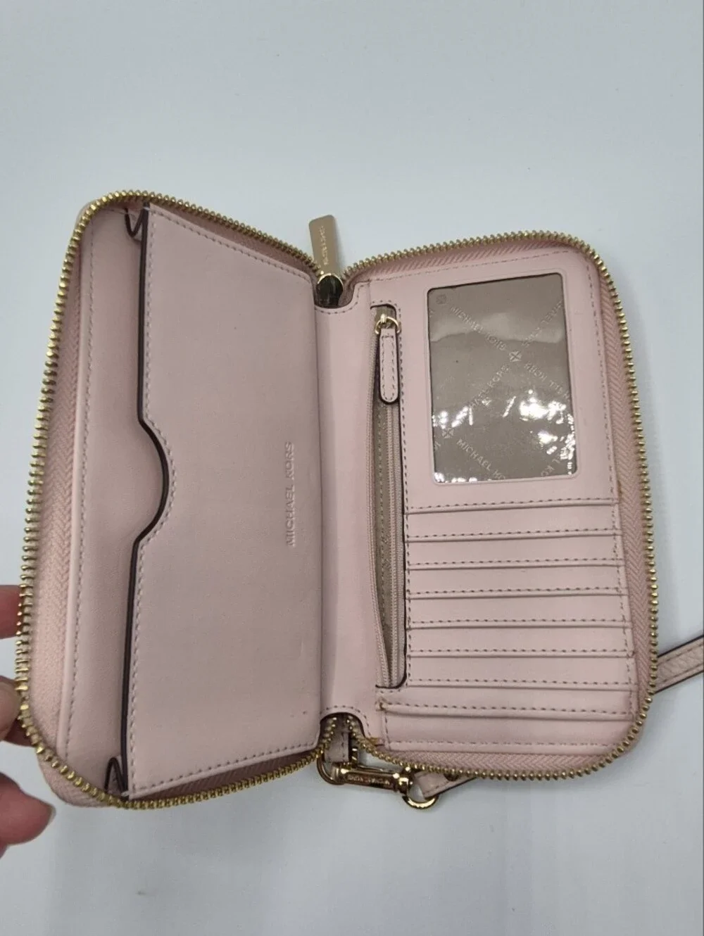 Michael Kors Pale Pink Pebbled Leather Wristlet Zip Wallet with Gold Hardware